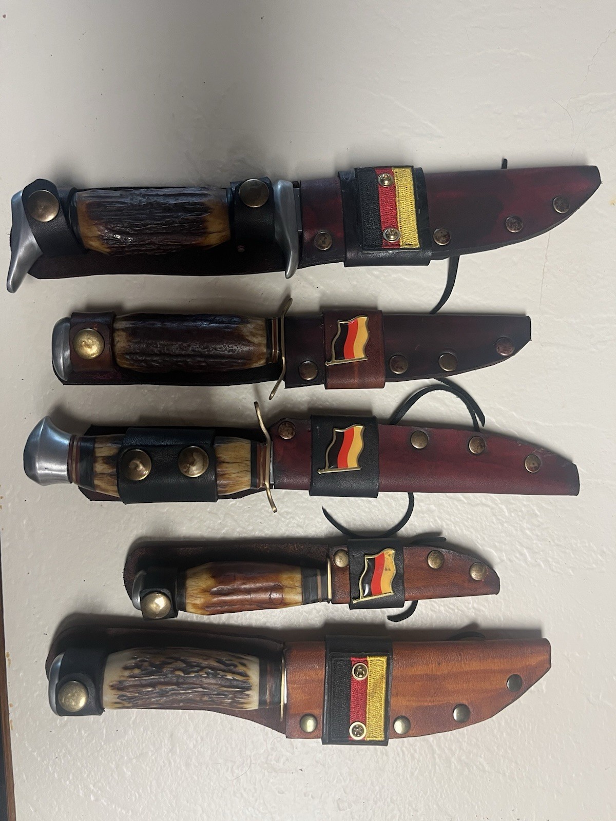Handmade Knives w/ Red Stag Handles & Leather Sheaths - German steel - LOT OF 5