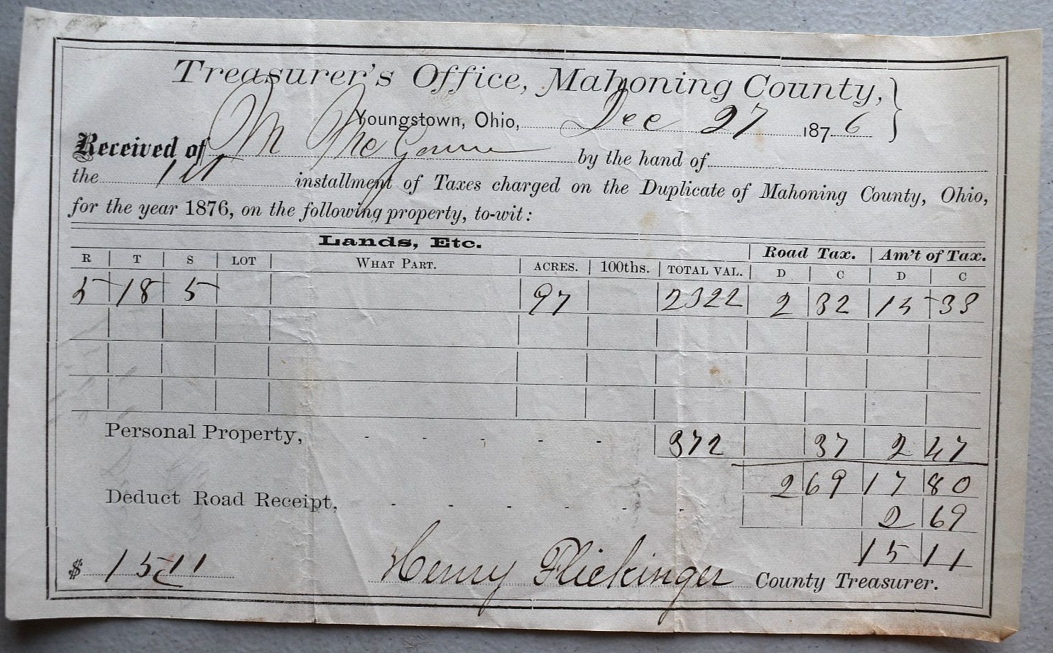 Mahoning County Youngstown Ohio Treasurer's Office Property Tax Receipt 1876