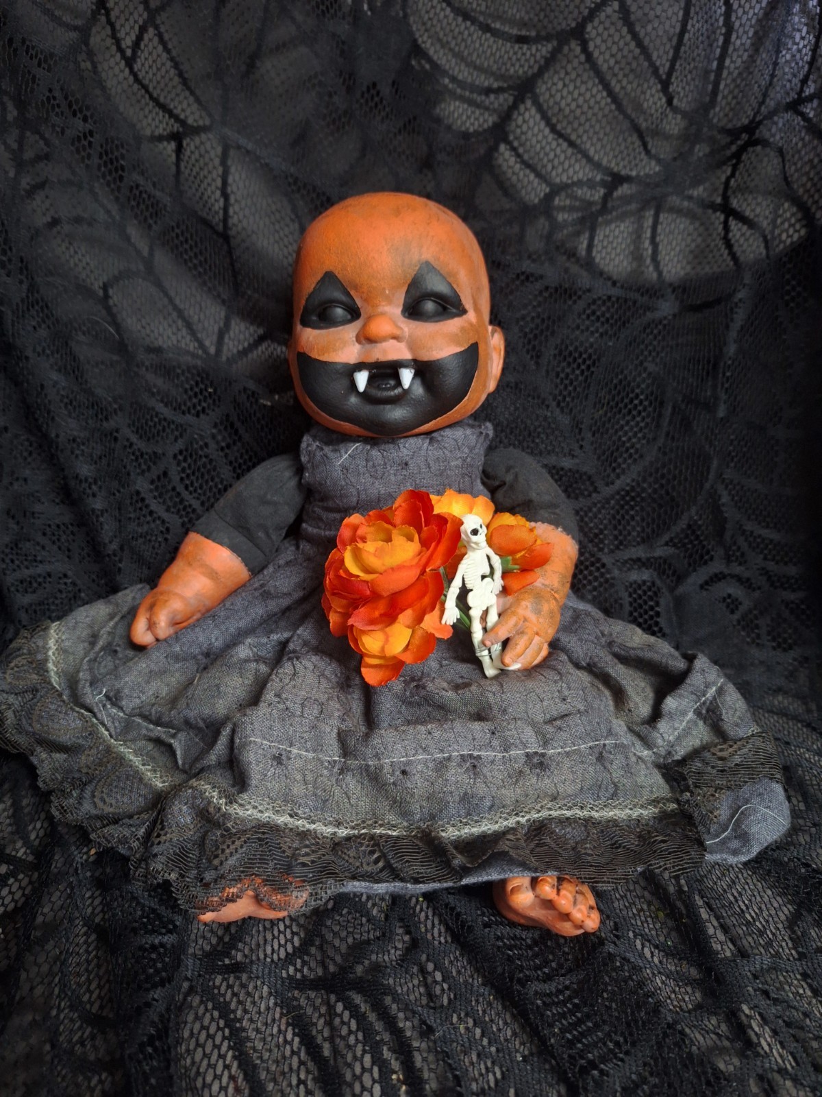 OOAK Creepy Doll 10 In Tall Handpainted Halloween Prop Pumpkin Girl OOAK Creepy Doll 10 In Tall Handpainted Halloween Prop Pumpkin Girl