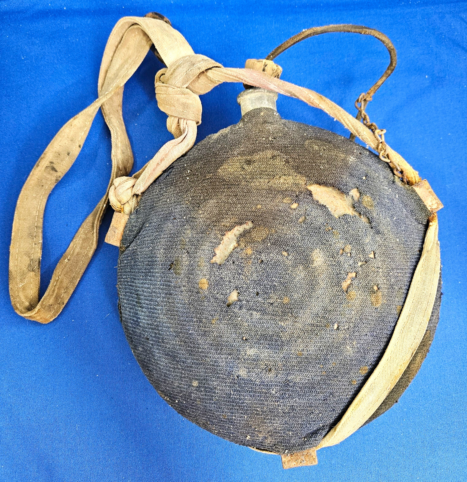 Antique Indian Wars Era US Model 1858 Cavalry Canteen Blue Wool Cover Cork Hook Antique Indian Wars Era US Model 1858 Cavalry Canteen Blue Wool Cover Cork Hook
