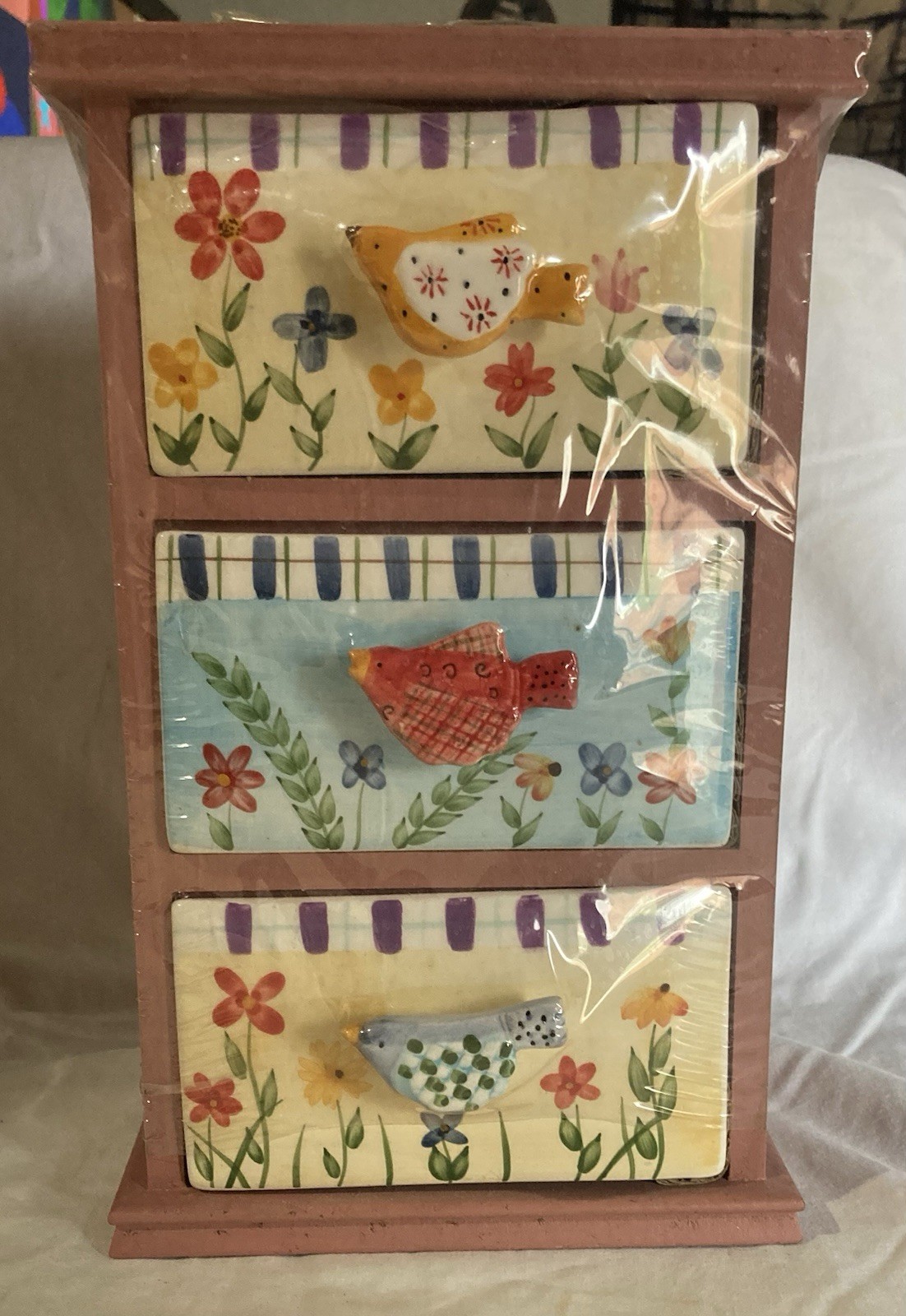 DECORATIVE FLORAL DRAWER UNIT WITH CERAMIC DRAWER FRONTS & BIRD KNOBS -NEW 10x6 DECORATIVE FLORAL DRAWER UNIT WITH CERAMIC DRAWER FRONTS & BIRD KNOBS -NEW 10x6
