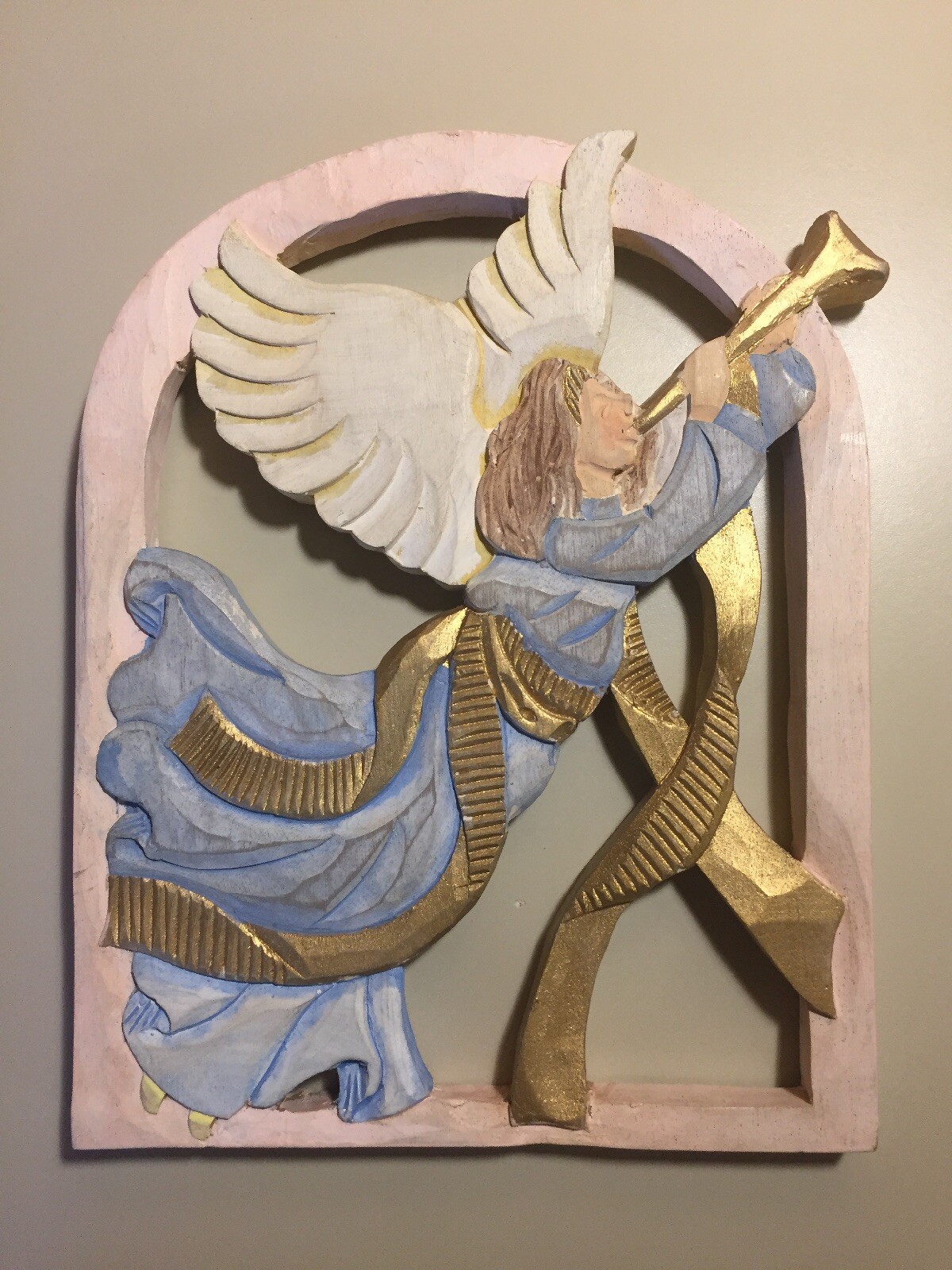 Vintage Folk Art Wooden Painted Angel Playing Trumpet Wall Hanging Vintage Folk Art Wooden Painted Angel Playing Trumpet Wall Hanging