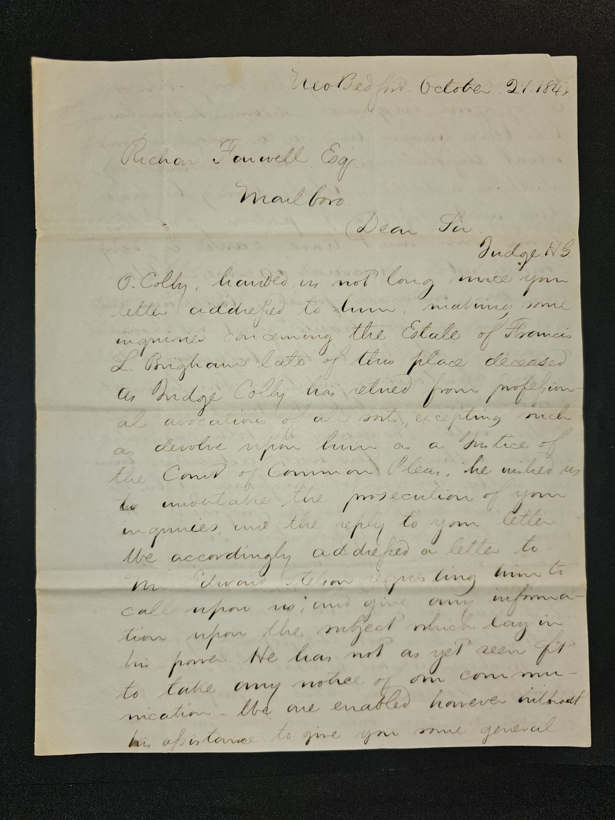 1845 New Bedford MA Legal ALS Gov John Clifford, Dentist Probate Brigham Farwell