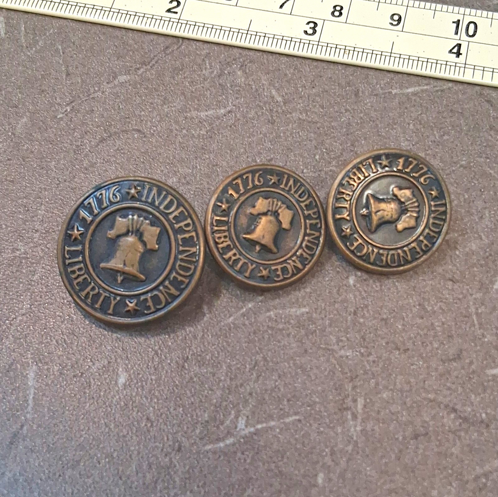 Round Metal Shank Buttons Liberty Bell 1776 Independence Relief, Bronze set of 3 Round Metal Shank Buttons Liberty Bell 1776 Independence Relief, Bronze set of 3