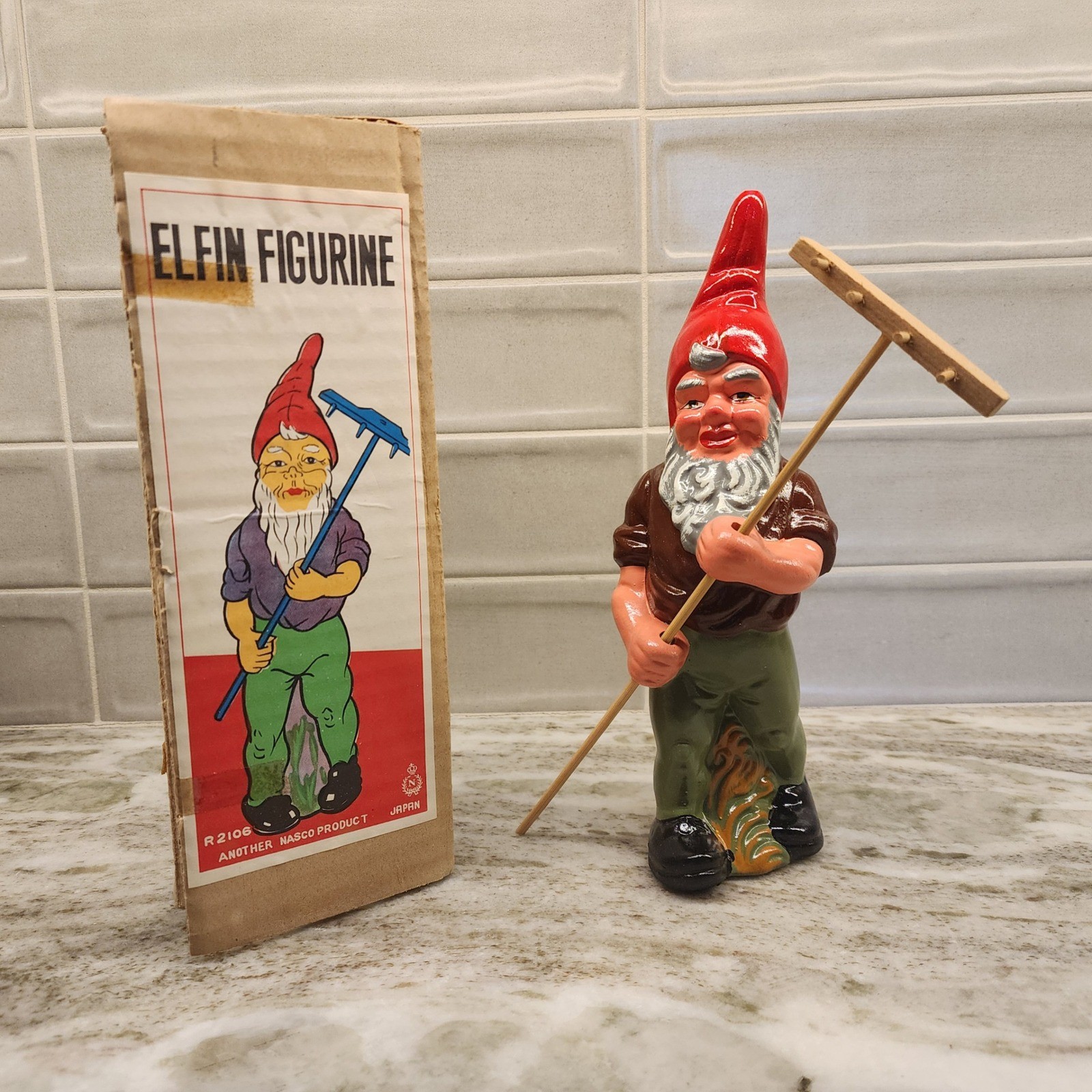 Vintage NASCO Japan Elfin Gnome Rake Figurine 10\ Vintage NASCO Japan Elfin Gnome Rake Figurine 10\