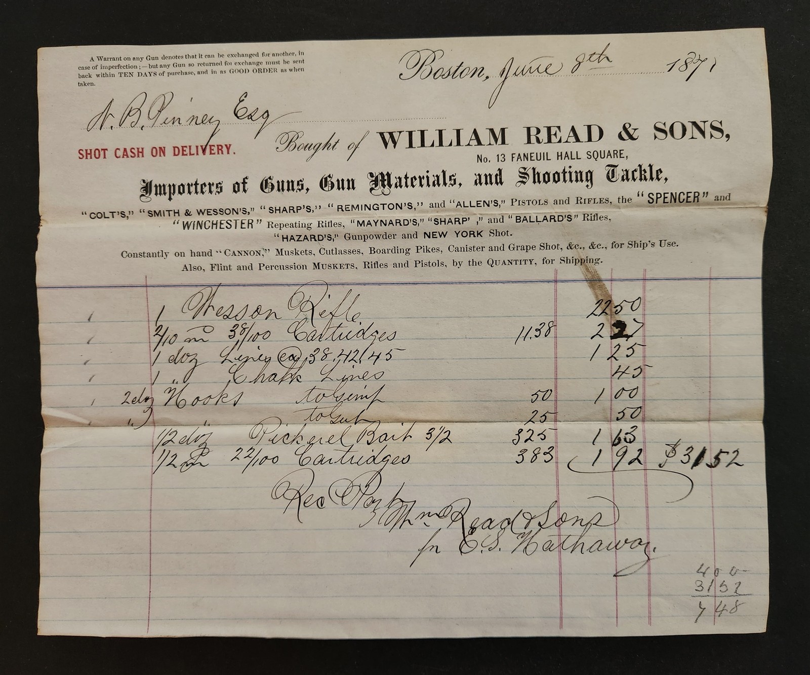 1871 antique Wm READ SON boston ma IMPORT GUN SHOOTING TACKLE winchester smith