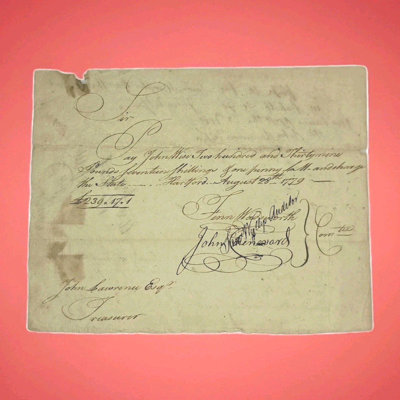 1779 Large Revolutionary War CT Treasury Warrant “For the Continental” Wadsworth