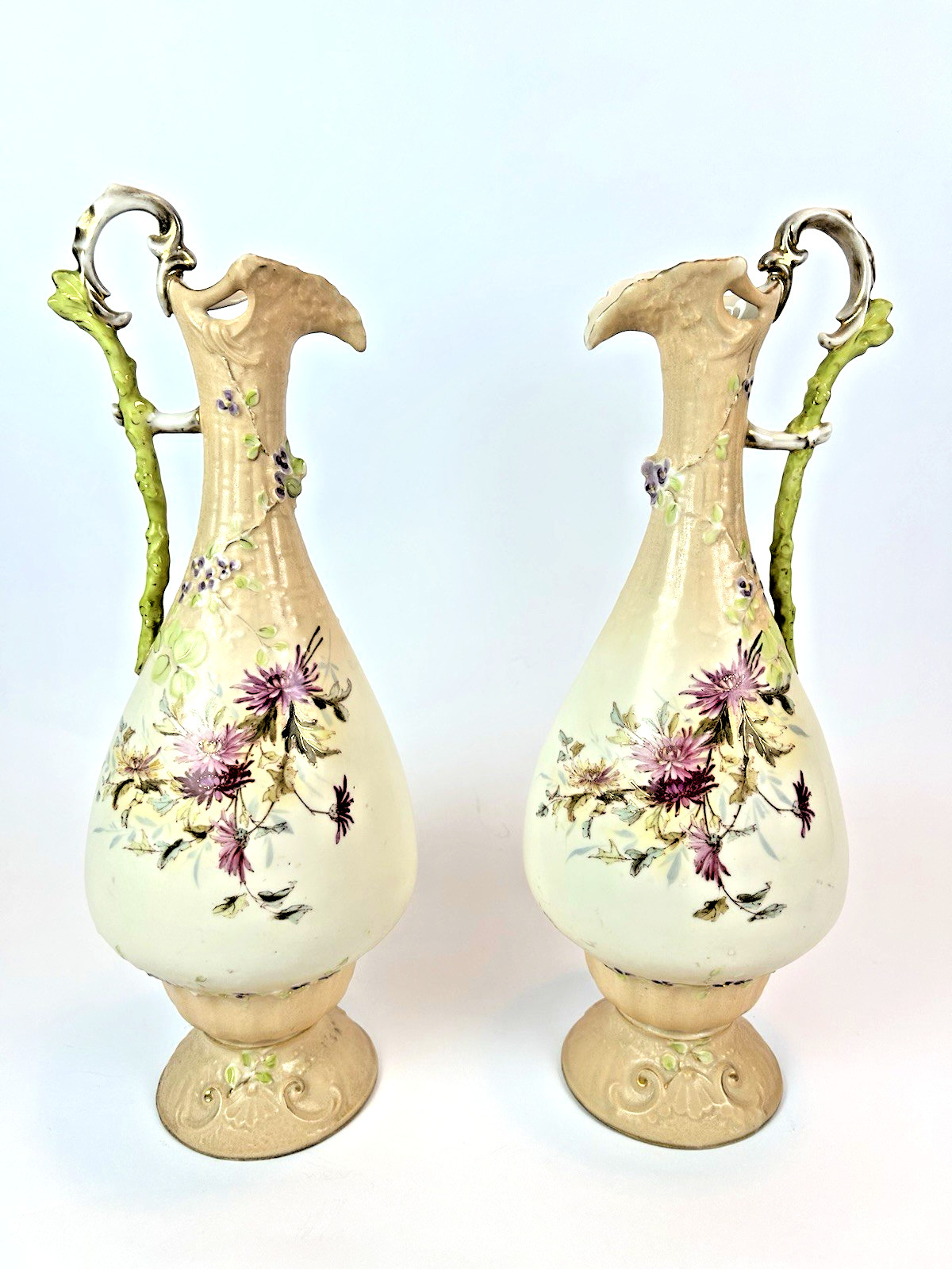 Gustave De Bruyn c1900 Fives Lille Art Nouveau Floral Ewer Pair 4235 Antique