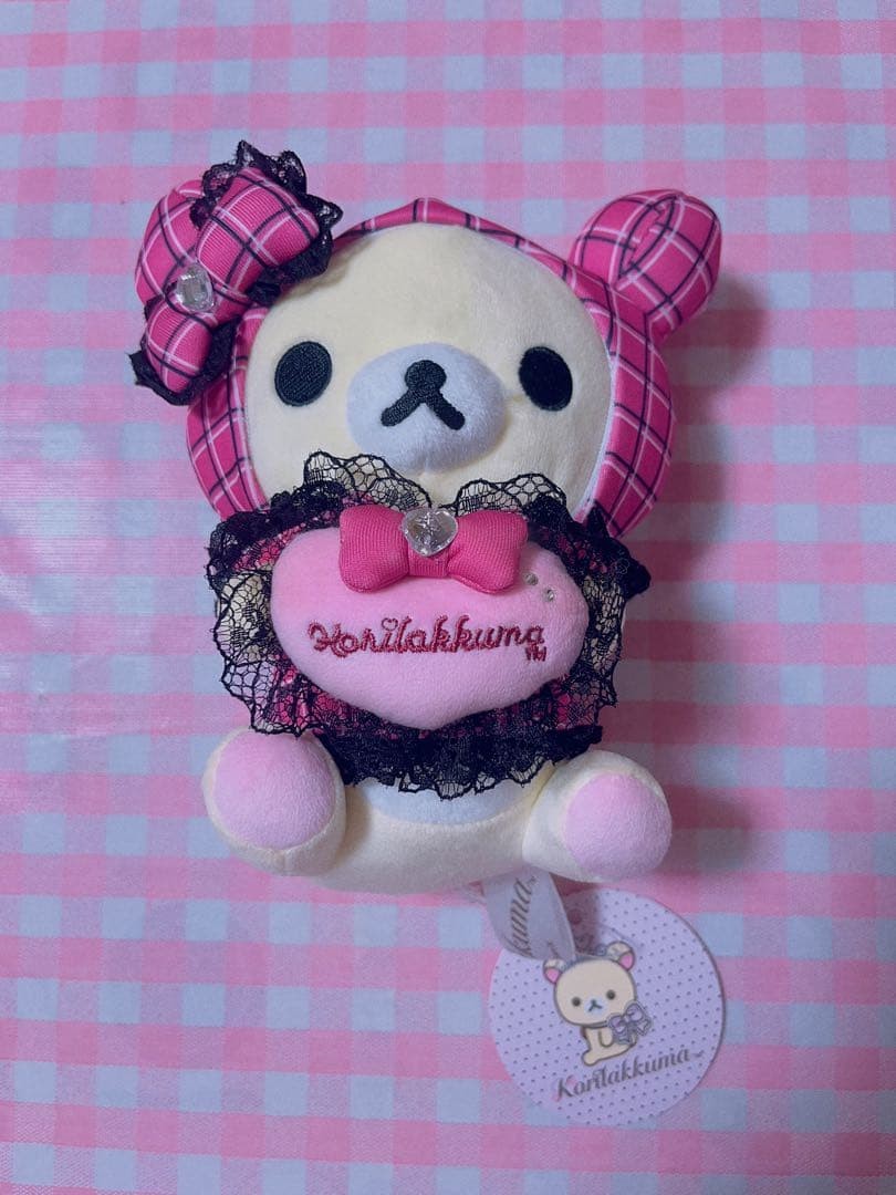 San-X Korilakkuma Spinns Plush Pouch Mascot Pink Plaid Heart Lace Tagged Item