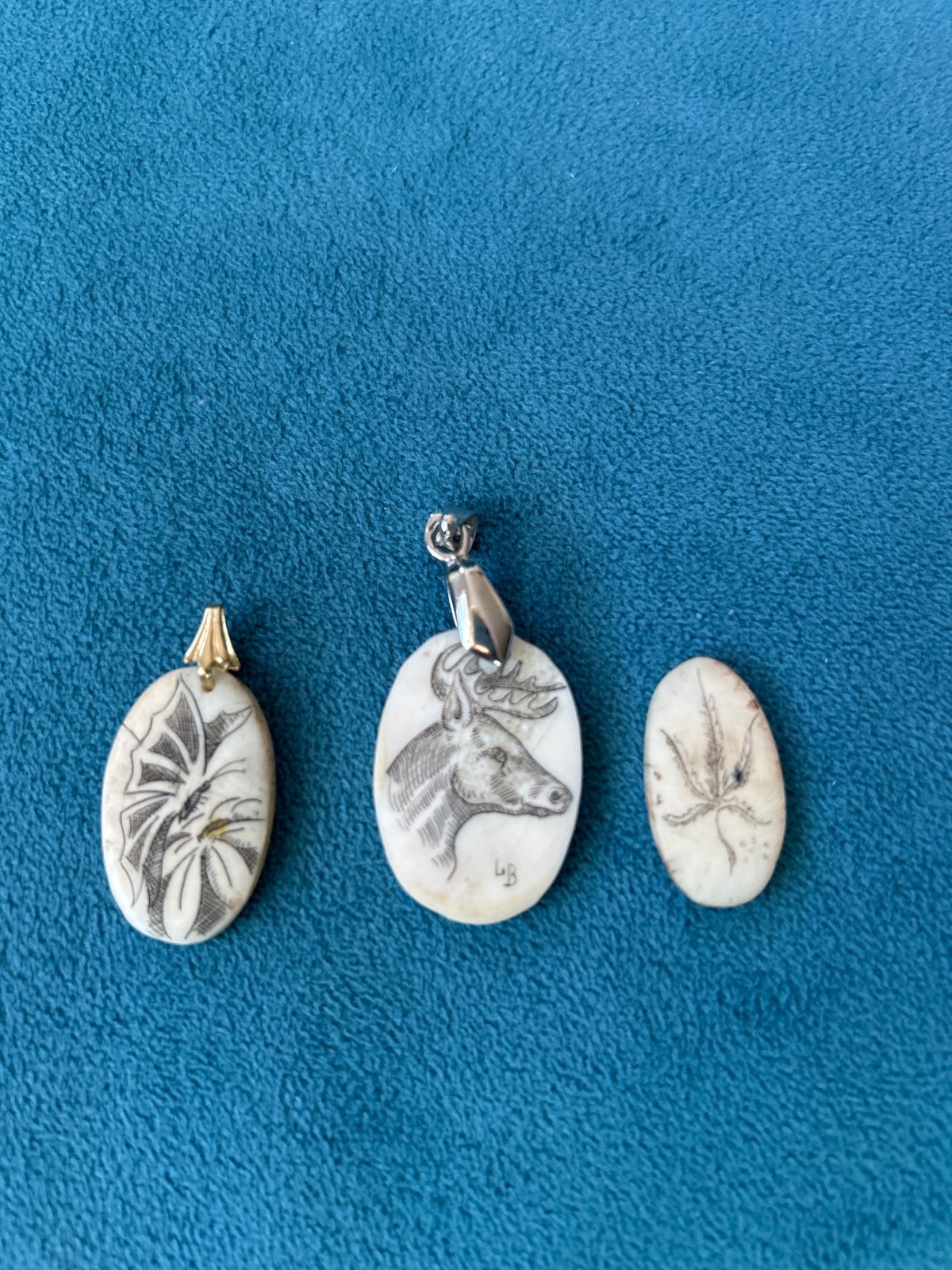Lot of 3 Vintage Hand Etched Scrimshaw Pendants Deer and Floral Folk Art Lot of 3 Vintage Hand Etched Scrimshaw Pendants Deer and Floral Folk Art