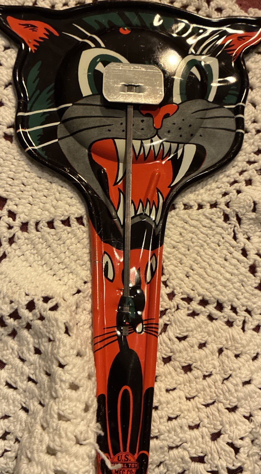 1950s Halloween Angry Black Cat Tin Litho Noisemaker Vintage