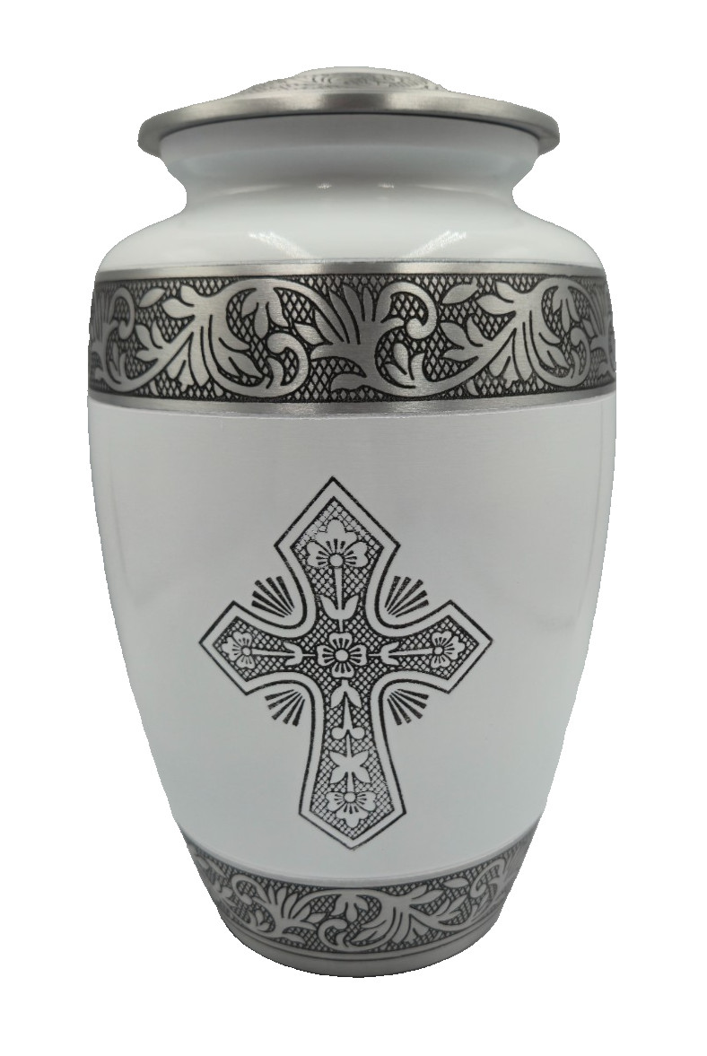 Large Handcrafted Metal Funeral Urn W/Cross Design Secure Lid Velvet Bag White