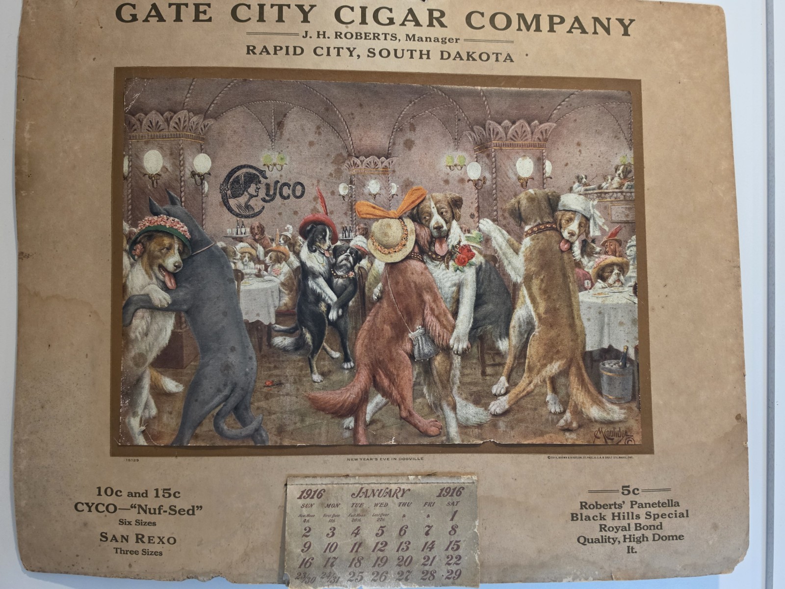 Vintage 1916 Gate City Cigar Co Calendar Rapid City SD CM Coolidge Dog Art RARE