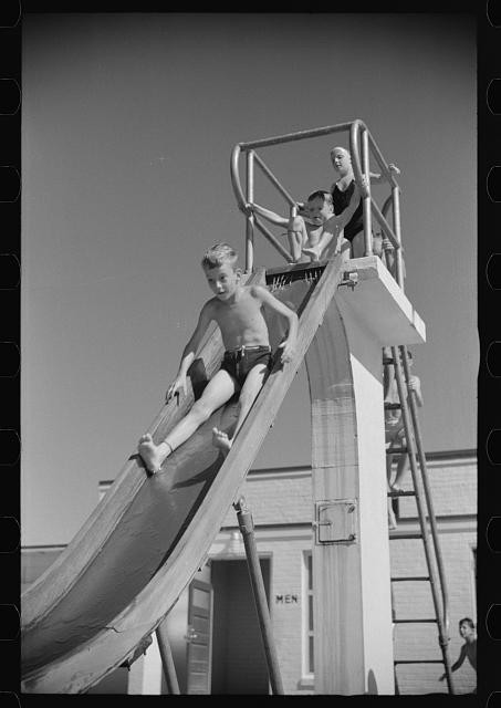 Photo:Greenbelt Maryland USA 1939 Boys Sliding Pool Waterslide Lifeguard