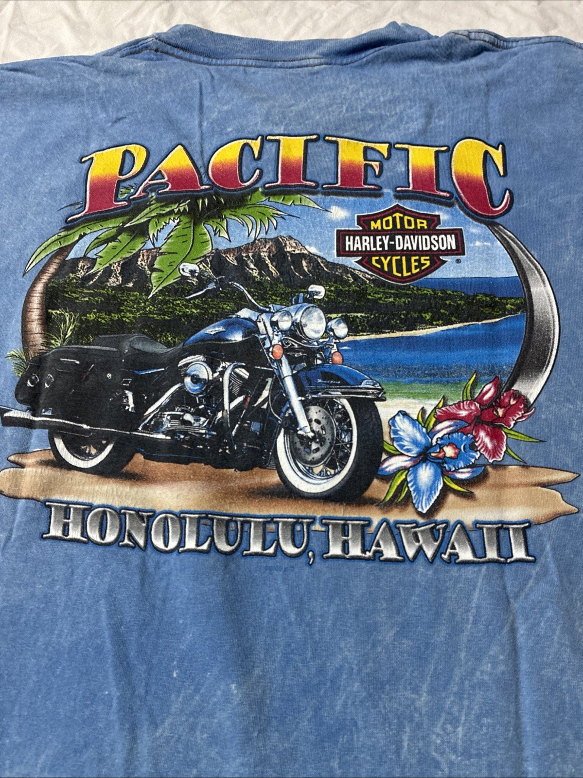 Vtg Harley Davidson Honolulu Hawaii T Shirt XL Blue Acid Wash 1999 2000 Holoubek