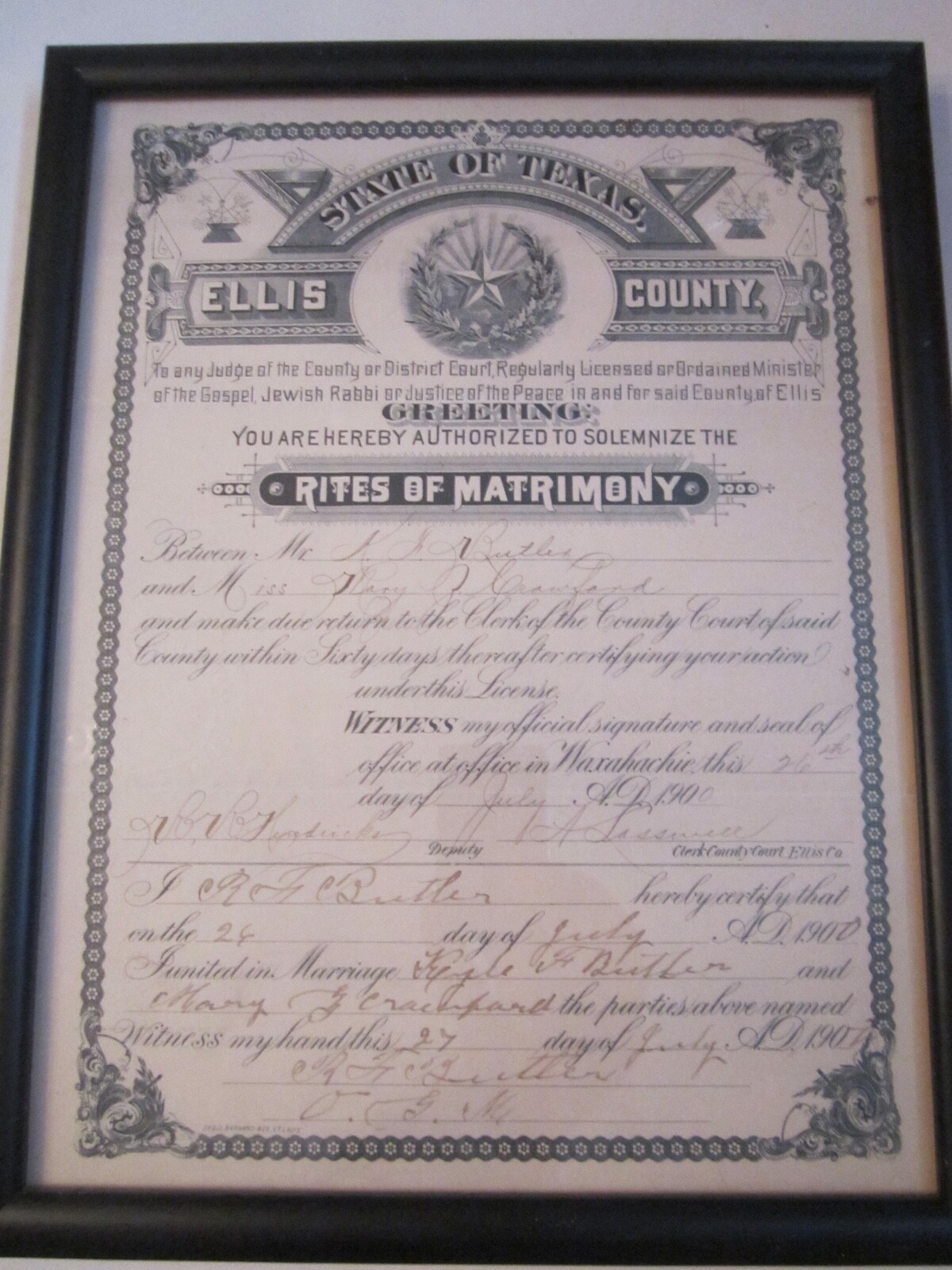 1900 MARRIAGE CERTIFICATE STATE OF TEXAS ELLIS COUNTY FRAMED 12 1900 MARRIAGE CERTIFICATE STATE OF TEXAS ELLIS COUNTY FRAMED 12