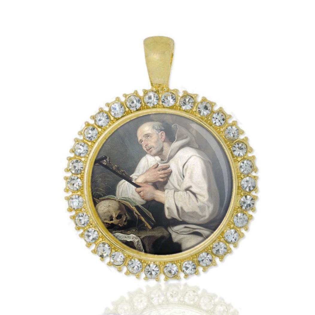 St Bruno Christian Round Medal Gold Tone Pendant with Rhinestones St Bruno Christian Round Medal Gold Tone Pendant with Rhinestones