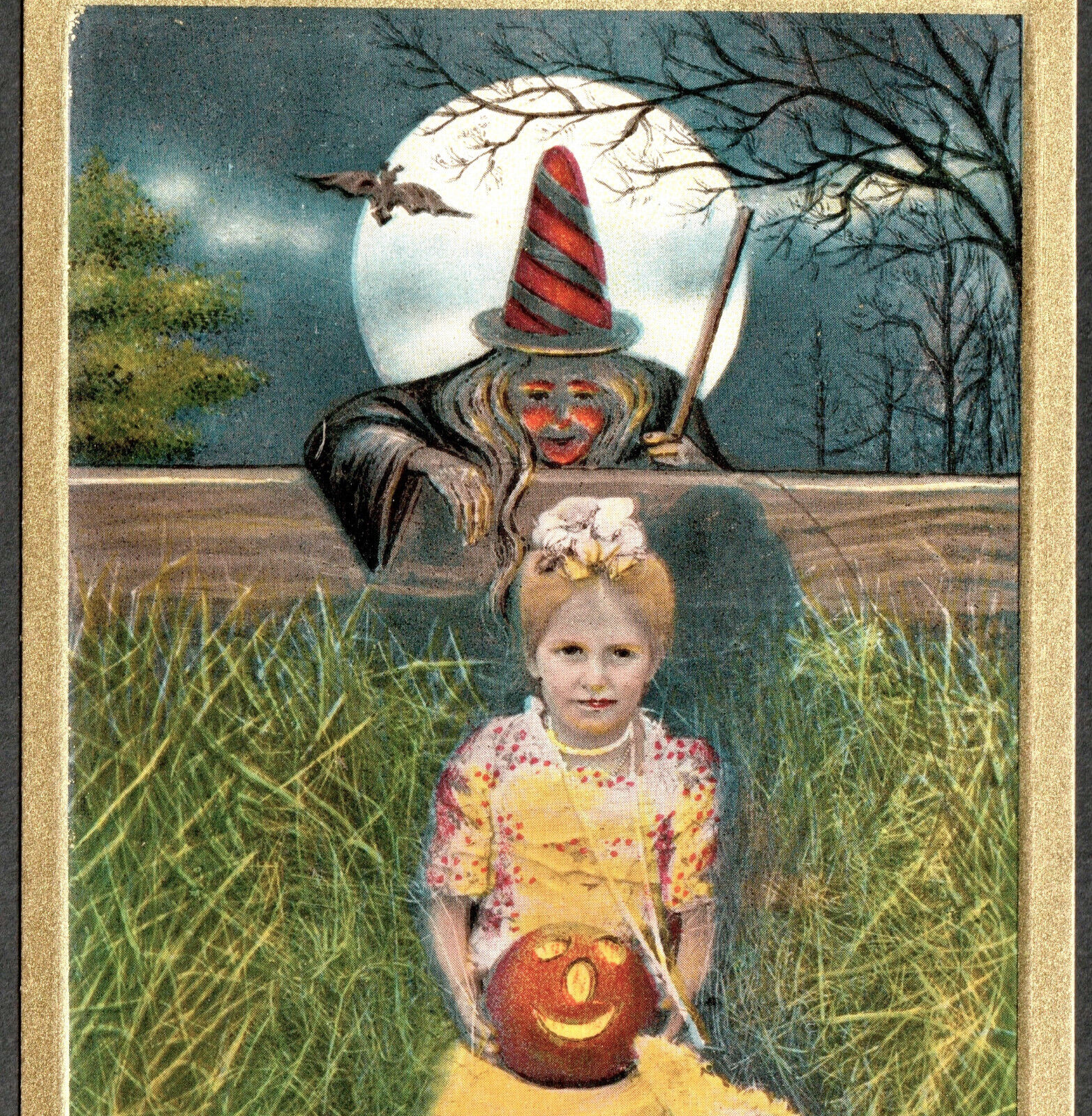Witch CLEAN / Un-Mailed Halloween Bat Full Moon Girl JOL Sanders 581-3 PostCard