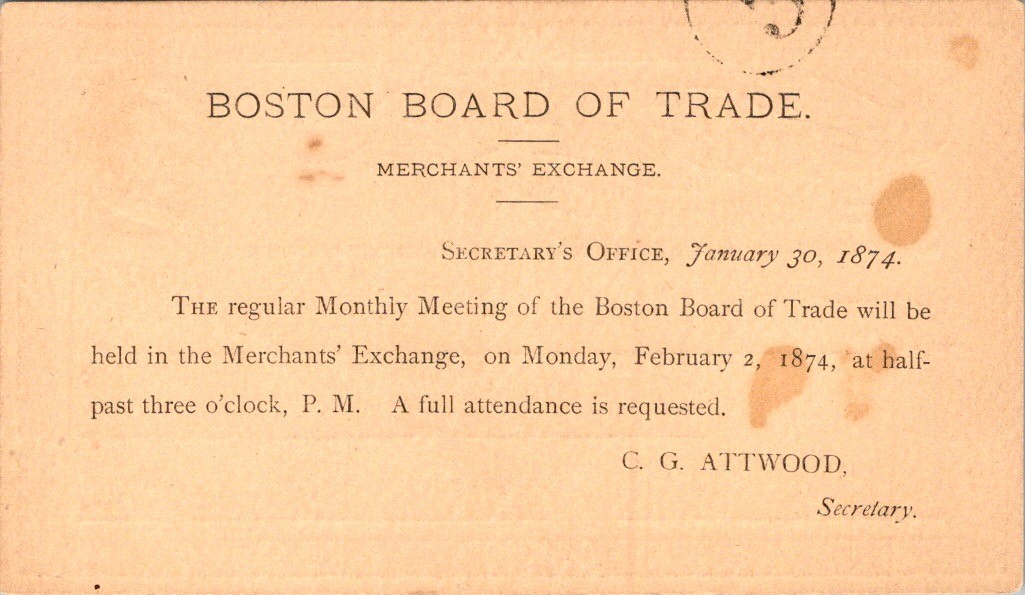 1874 Boston Board of Trade Postal Card Meeting Notice UX3 1874 Boston Board of Trade Postal Card Meeting Notice UX3
