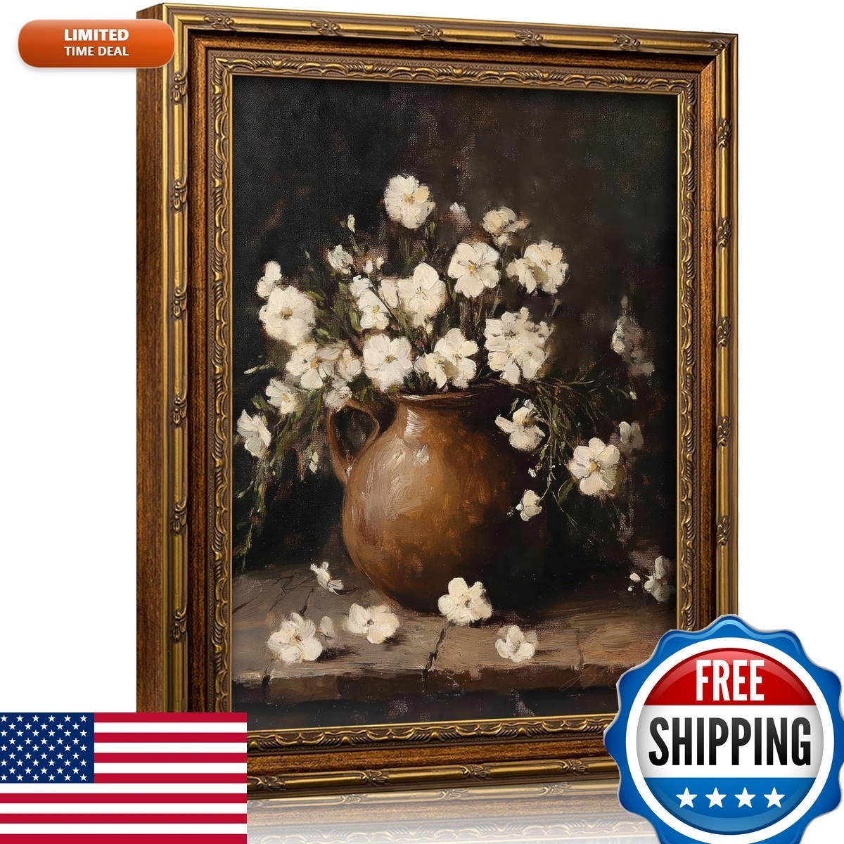 xikafou 3D Textured Canvas Wall Art Vintage Carved Gold Frame Brown Pitcher xikafou 3D Textured Canvas Wall Art Vintage Carved Gold Frame Brown Pitcher