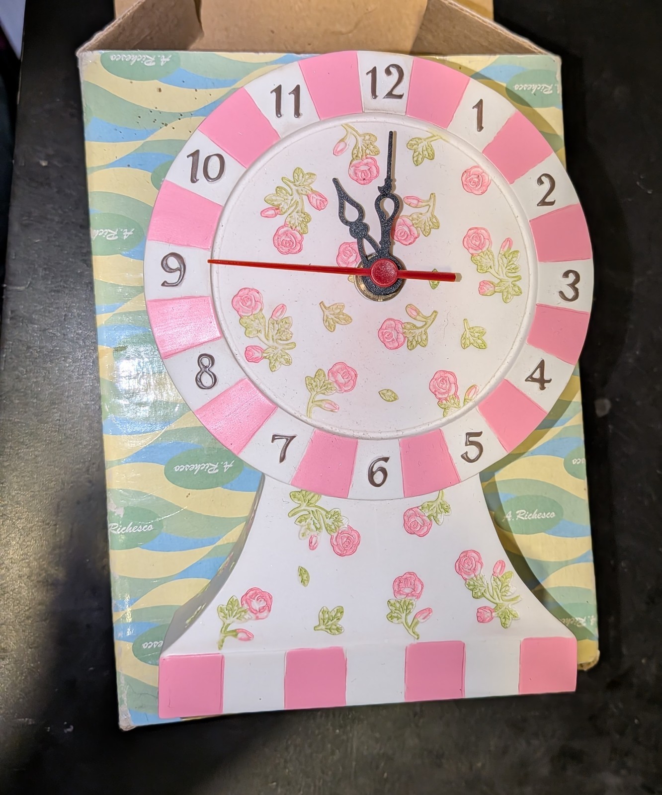 RARE Vintage A Richesco Corp Clock Hand Painted Pink White Striped Roses NWB RARE Vintage A Richesco Corp Clock Hand Painted Pink White Striped Roses NWB