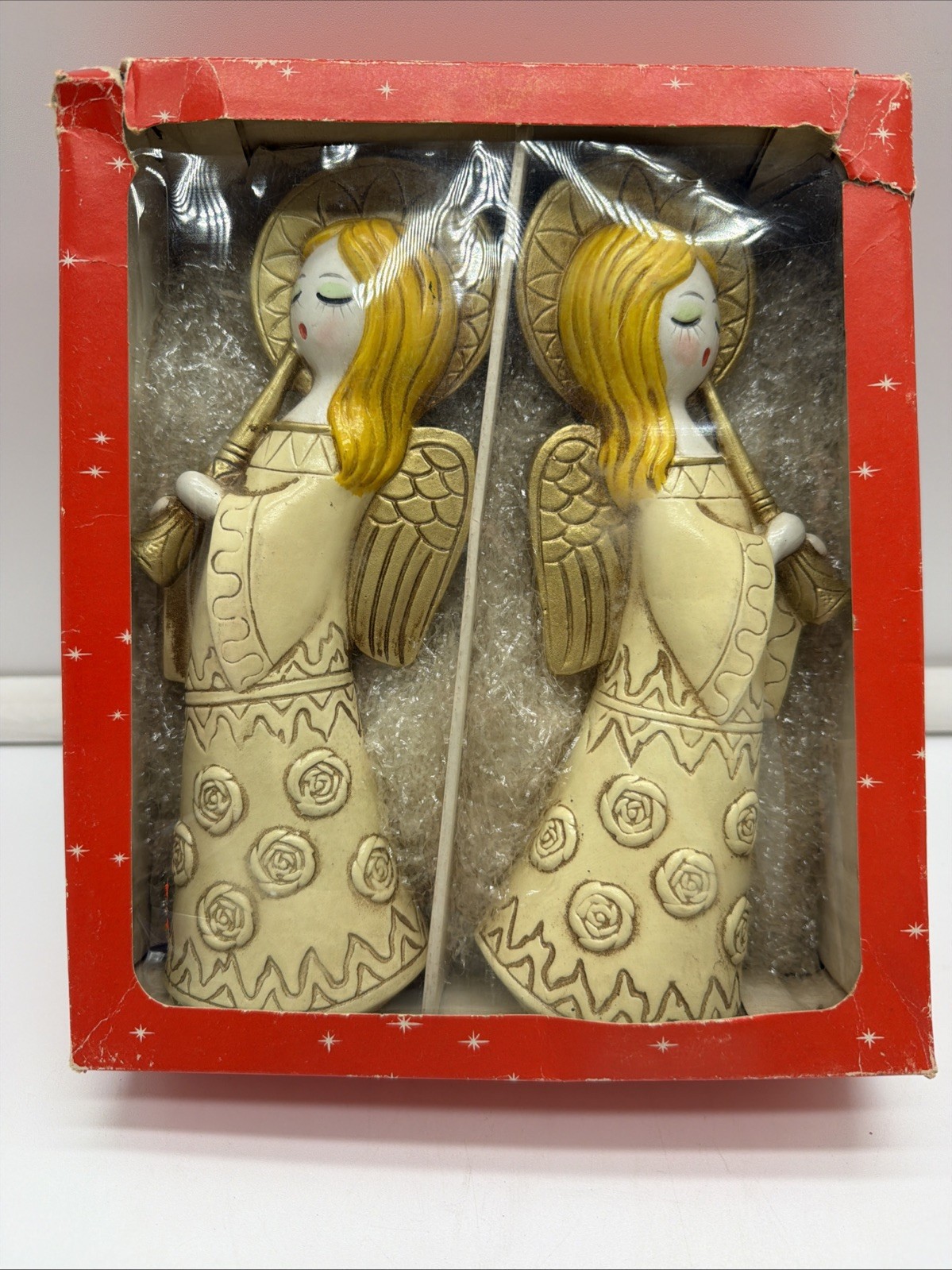 Vintage MCM Gold Angel Figurine Set Playing Horns Kitsch Japan Hand Painted 8 In Vintage MCM Gold Angel Figurine Set Playing Horns Kitsch Japan Hand Painted 8 In