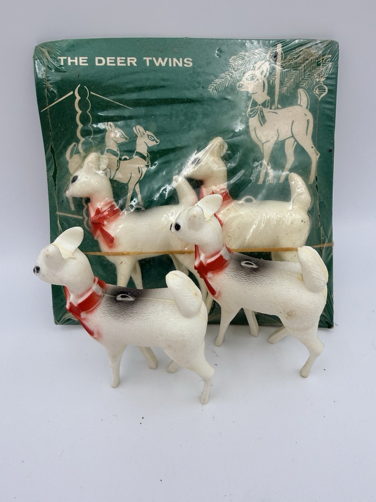 Vintage 1960s Christmas Deer Twins Plastic Figures - Ohio Plastic Co. Lot Of 4