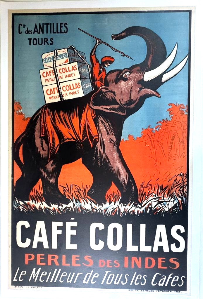 POSTER 1927 ORIGINAL LITHO COFFEE COLLAS PEARL CIE DES INDES TOURS elephant