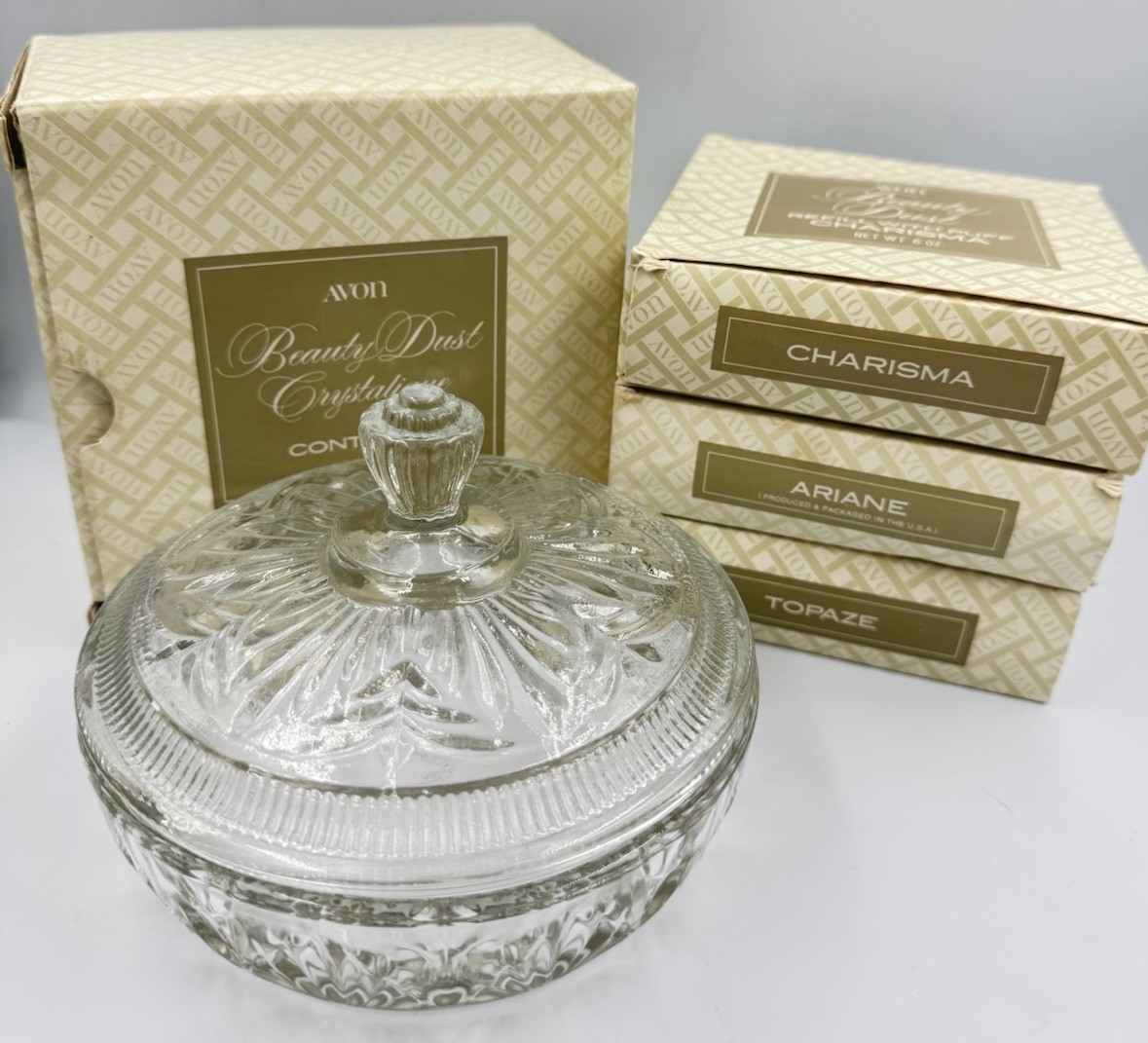 Avon Crystal Beauty Dust Container 3 Refills Puff New Old Stock Vintage 1980s Avon Crystal Beauty Dust Container 3 Refills Puff New Old Stock Vintage 1980s