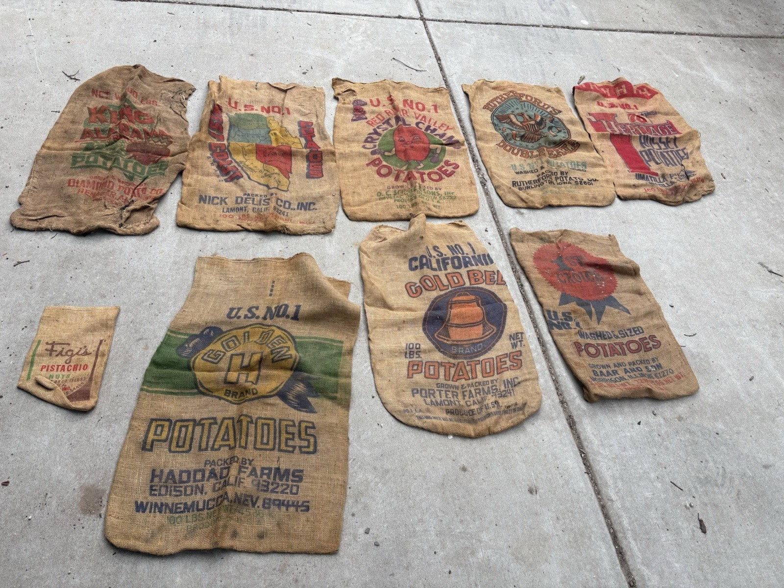 Vintage 100 Pound Potato Burlap Sack Lot Of 8 Crystal Champ More Nice Lot Look Vintage 100 Pound Potato Burlap Sack Lot Of 8 Crystal Champ More Nice Lot Look