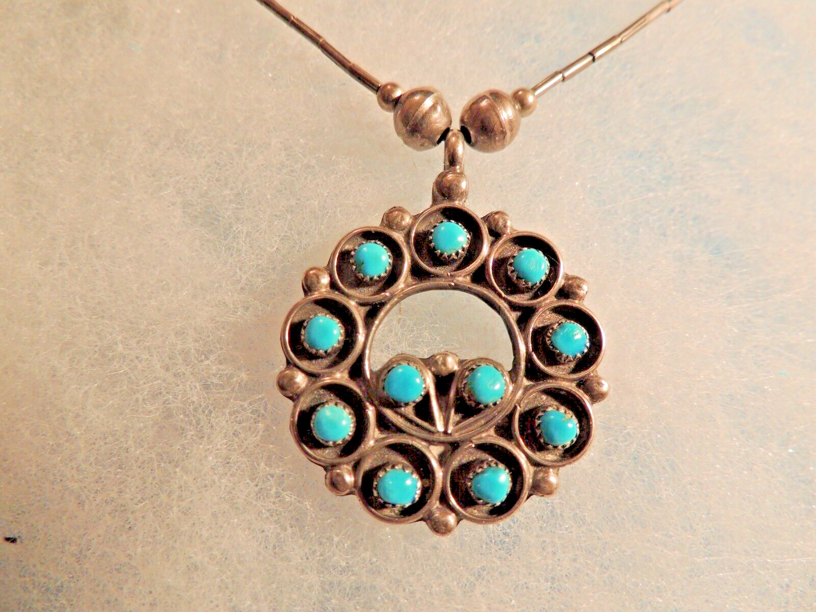Vtg Zuni American Indian circa 1960 Fine Turquoise Pendant Silver Liquid Chain Vtg Zuni American Indian circa 1960 Fine Turquoise Pendant Silver Liquid Chain