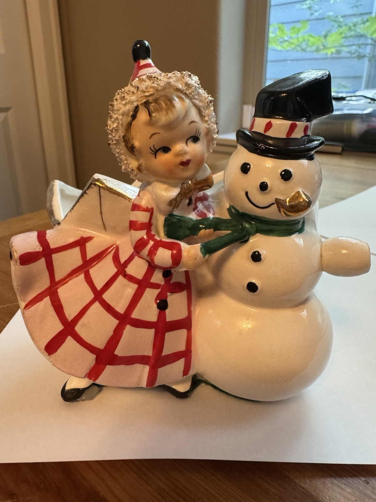 Vintage Lefton? Christmas Ceramic Girl With Snowman Planter