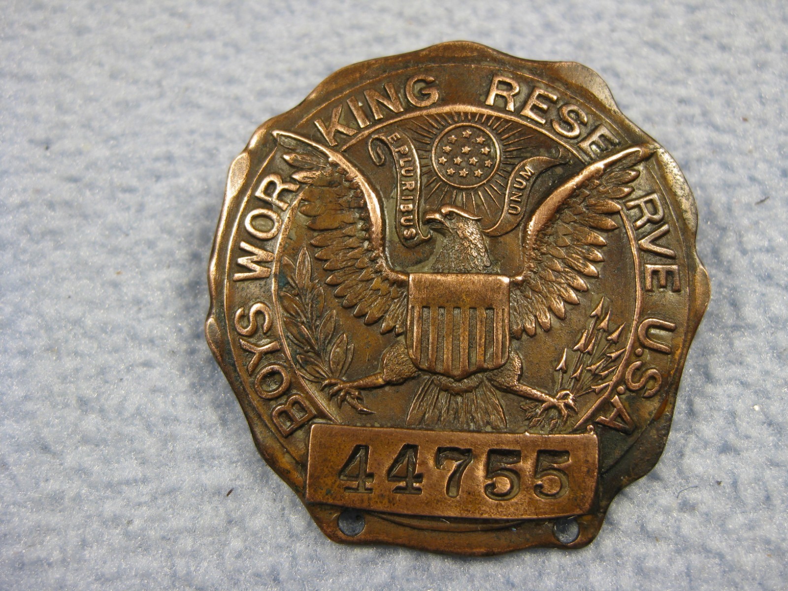 Nice Antique WW1 Bronze *Boys Working Reserve U.S.A.* Numbered Badge # 44755