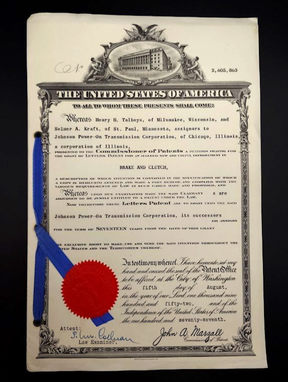 1952 US Patent 2605863 Brake & Clutch Talboys Kraft Johnson Transmission Documen