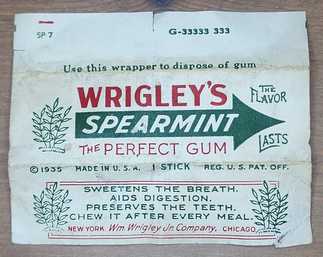 WRIGLEYS SPEARMINT Chewing GUM Wrapper Vintage Original Circa 1935 Made in USA WRIGLEYS SPEARMINT Chewing GUM Wrapper Vintage Original Circa 1935 Made in USA
