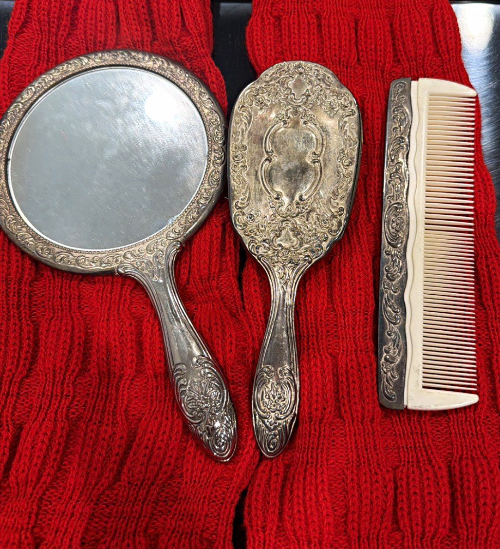Vintage Ornate Silverplate Vanity Set Hand Mirror Hair Brush & Comb Vintage Ornate Silverplate Vanity Set Hand Mirror Hair Brush & Comb