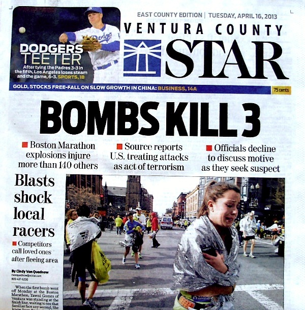 Boston Marathon Bombings Newspaper Ventura County Star 4/16/2013 Bomb Terrorists Boston Marathon Bombings Newspaper Ventura County Star 4/16/2013 Bomb Terrorists