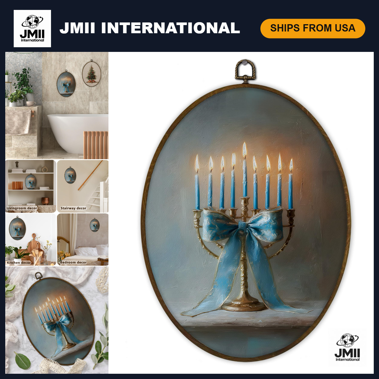 Framed Oval Menorah Wall Art - Hanukkah & Christmas Decor, 8.7x11.3 In