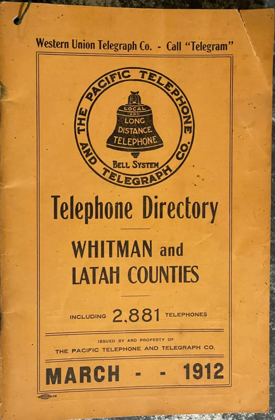 1912 Telephone Directory,  Washington and Idaho   ,Whitman & Latah Counties, VG