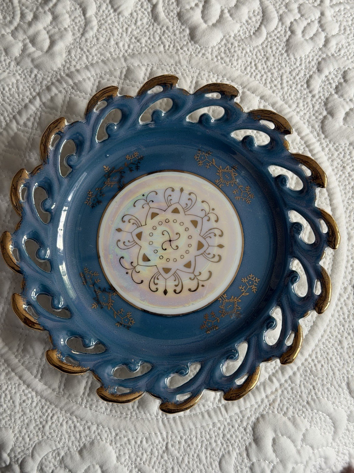 Beautiful Vintage Japan Blue Lusterware Pierced Porcelain Plate Gold Trim 7” Beautiful Vintage Japan Blue Lusterware Pierced Porcelain Plate Gold Trim 7”