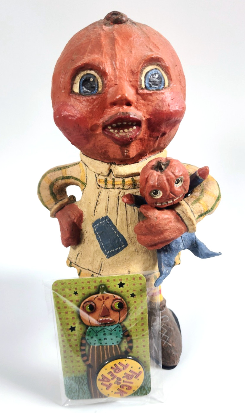 SIGNED Poliwoggs Folk Art Halloween Pumpkinhead Girl w/ Doll Figure 8.5\