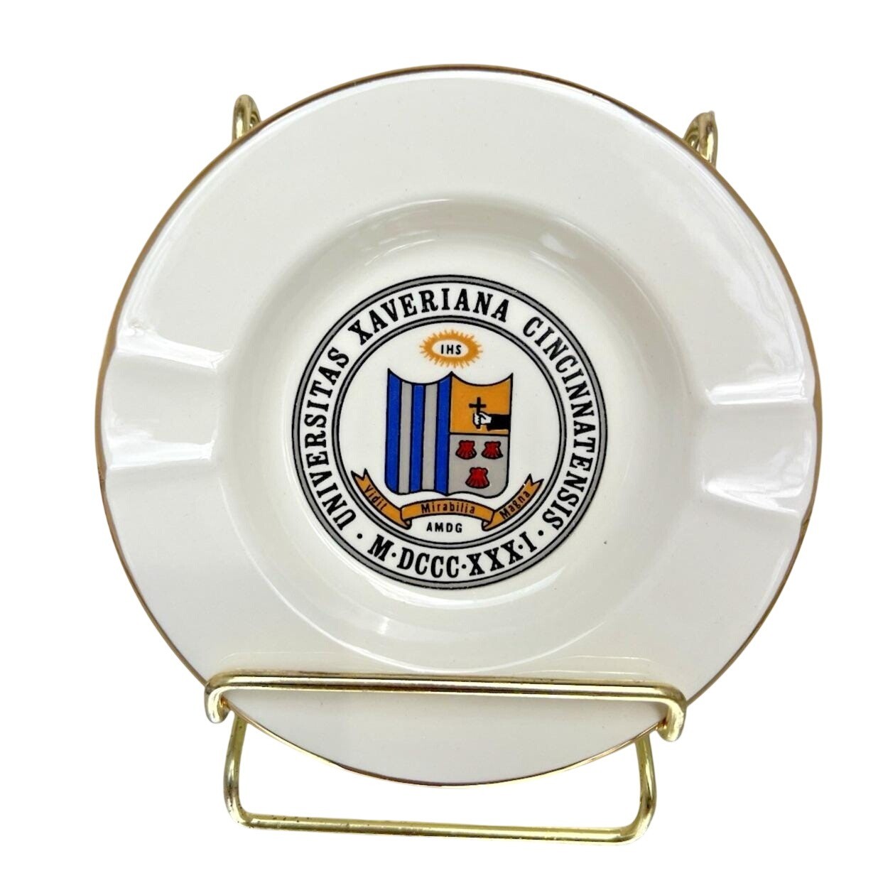 Vintage Xavier University Cincinnati Porcelain Gold Trim Jesuit Crest Ashtray Vintage Xavier University Cincinnati Porcelain Gold Trim Jesuit Crest Ashtray