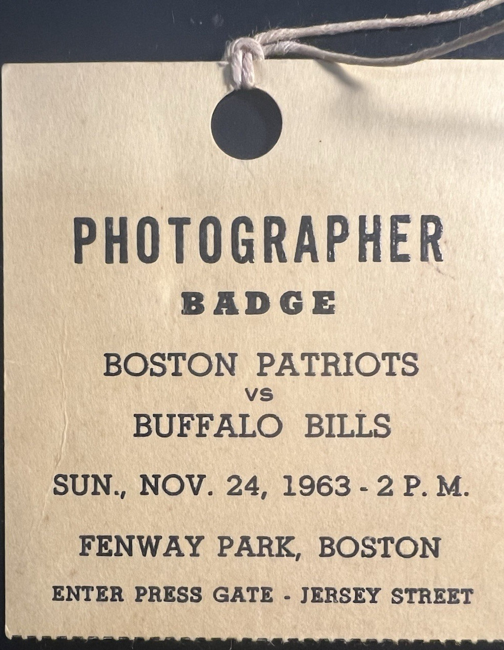 JOHN KENNEDY VERY RARE ORIG. PHOTOGRAPHER BADGE FOR 11/24/63 CANCELED AFL GAME JOHN KENNEDY VERY RARE ORIG. PHOTOGRAPHER BADGE FOR 11/24/63 CANCELED AFL GAME