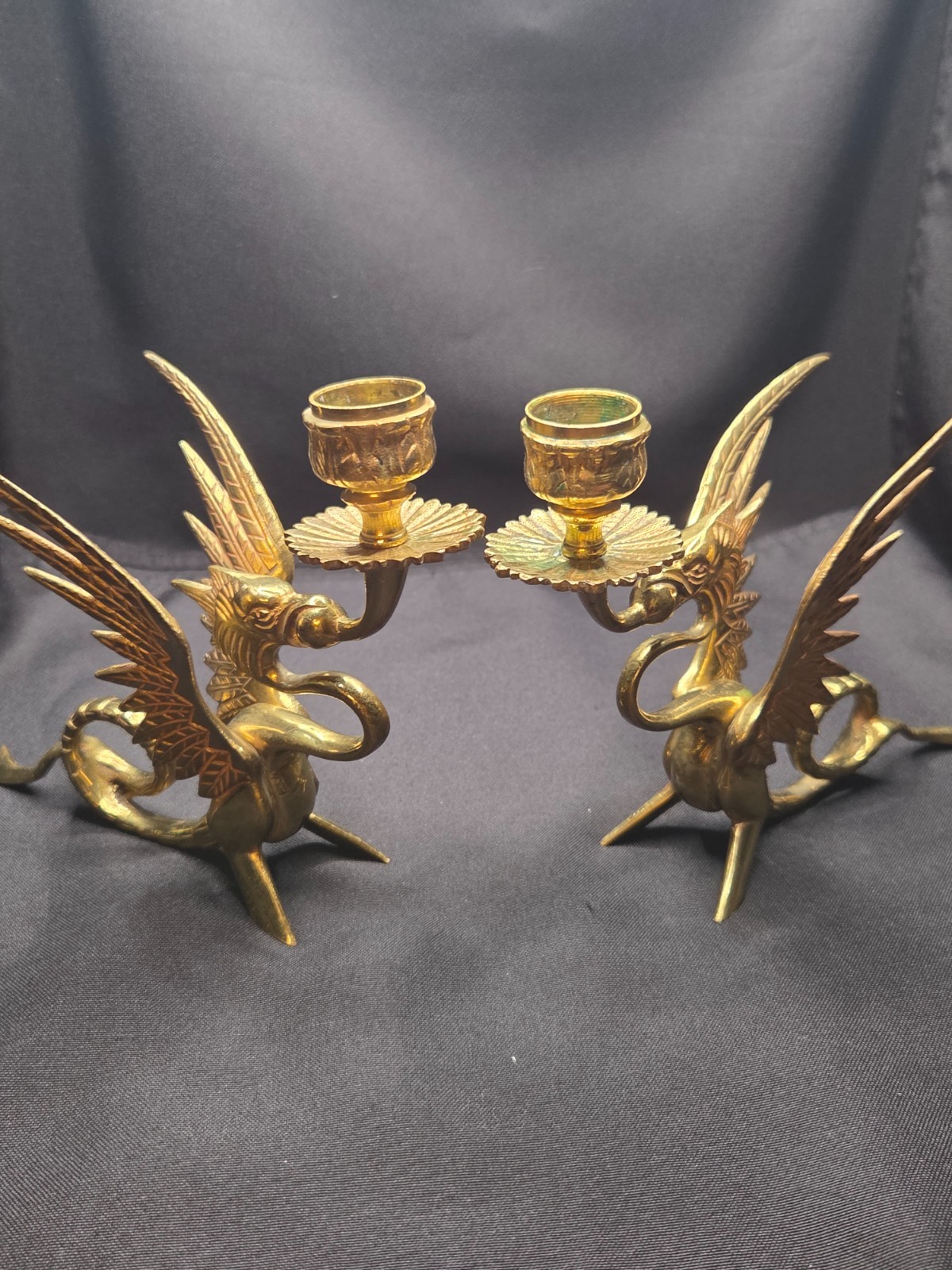Vintage Brass Winged Griffin Dragon Candlestick Holders - Matching Pair
