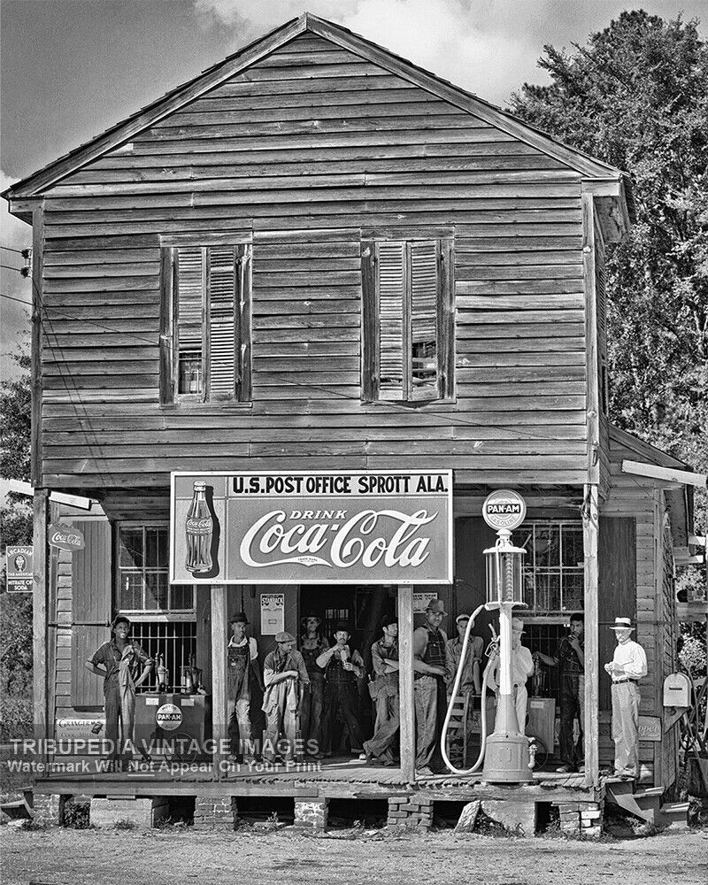 1936 Vintage Alabama Storefront Photo * Old Gas Station, Post Office, Coca-Cola 