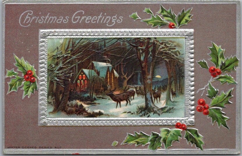 c1910s CHRISTMAS GREETINGS Embossed Postcard Winter Church Scene / Deer - AMP Co