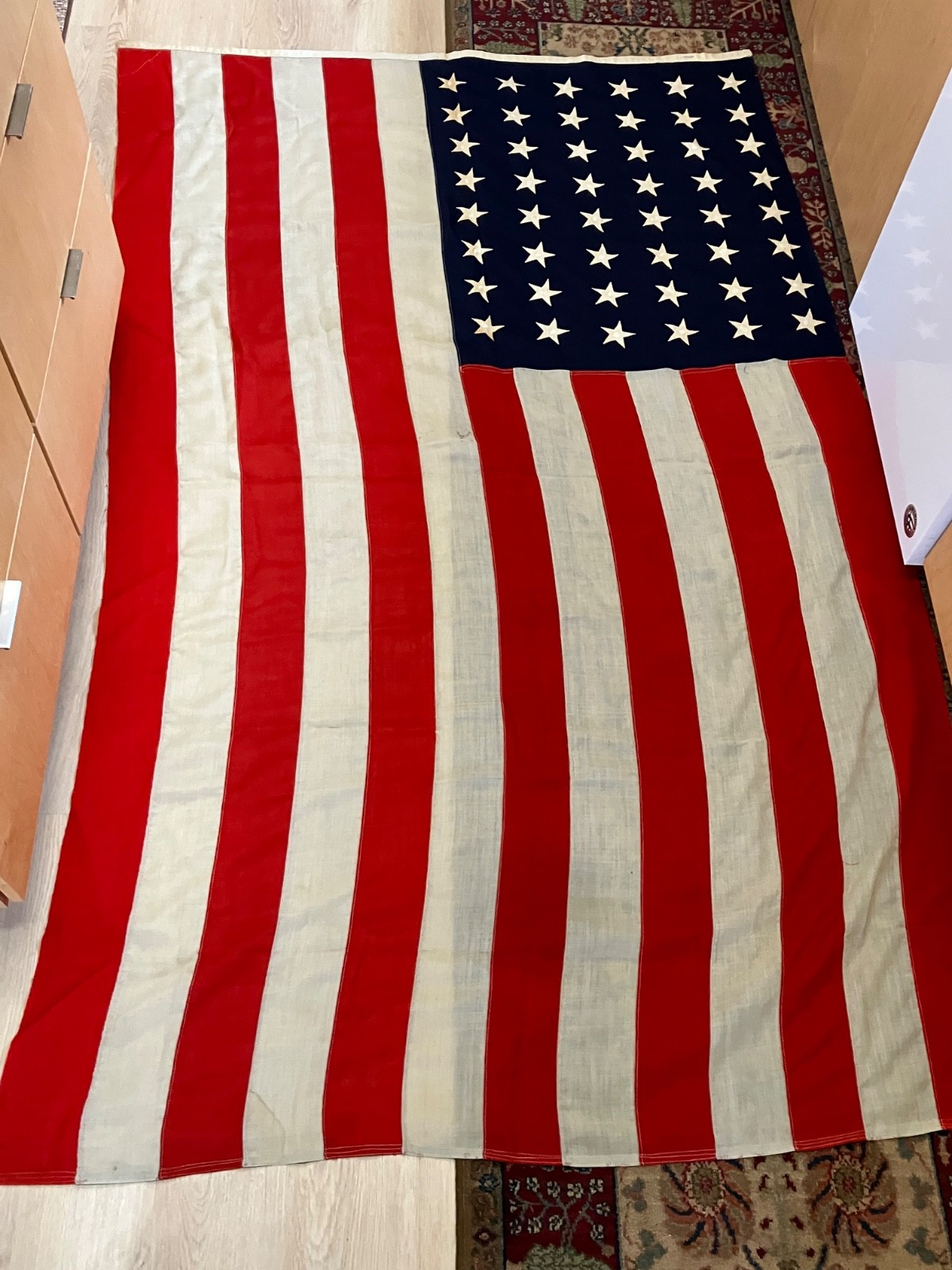 Vintage Large Sterling 48-Star US Flag, sewn stars & stripes, 57