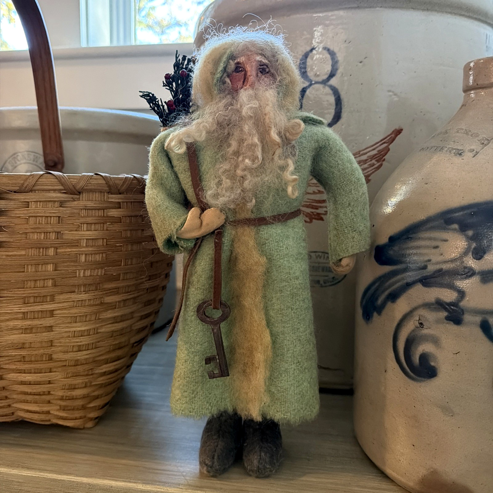 VTG Primitive Folk Art Santa Doll Handmade Clay Face Wool Felt Father Christmas