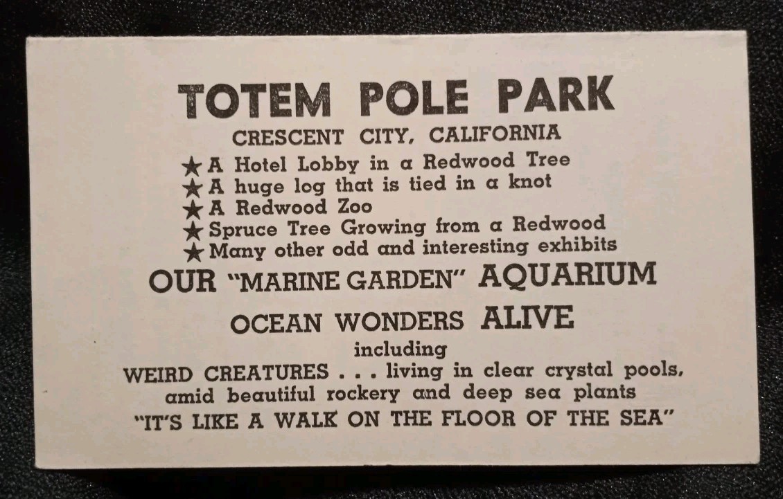 Vintage 1940s Totem Pole Park Crescent City, California Advertising Card RARE Vintage 1940s Totem Pole Park Crescent City, California Advertising Card RARE