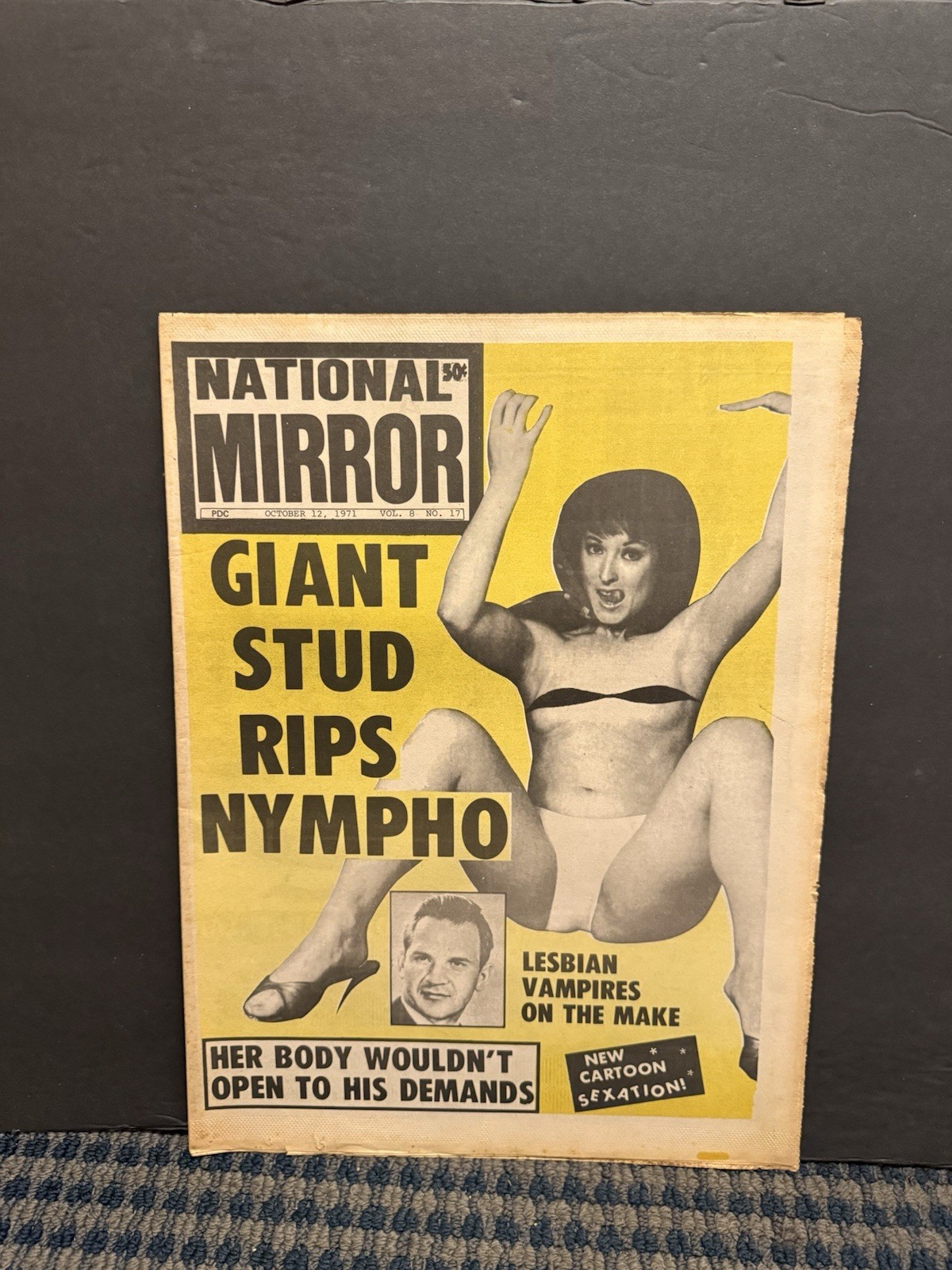 1971 National Mirror Newspaper, Giant Stud Rips Nympho, Lesbian Vampires (10W)